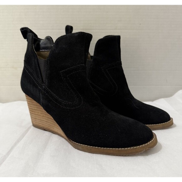 Blondo Waterproof Black Suede Leather Wedge Booties Ankle Boots 7.5 Boho Office - Picture 1 of 11